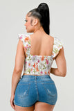 FLORAL SWEETHEART RUCHED FLUTTER SLEEVES CROPPED TOP - Wear with style