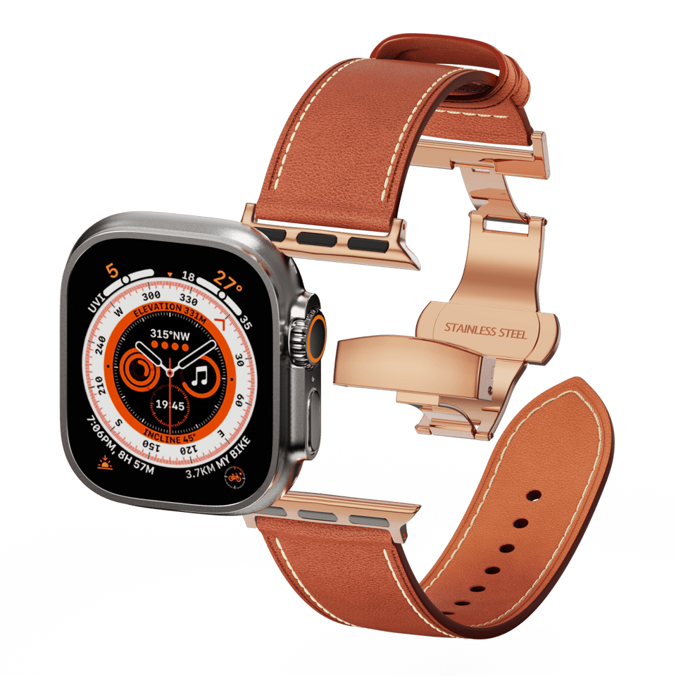 Genuine Leather Butterfly Clasp Band for Apple Watch,Rose Gold - Wear with style