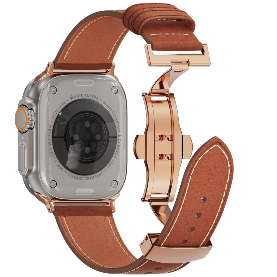Genuine Leather Butterfly Clasp Band for Apple Watch,Rose Gold - Wear with style