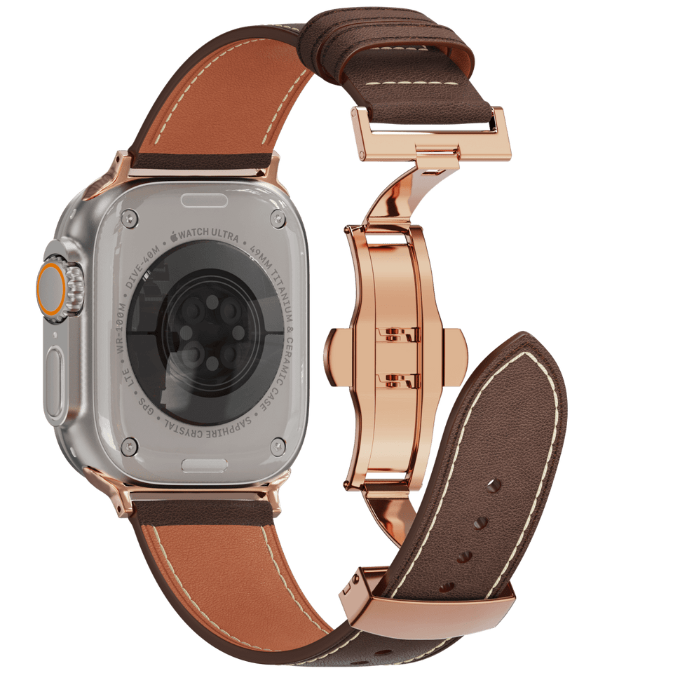 Genuine Leather Butterfly Clasp Band for Apple Watch,Rose Gold - Wear with style