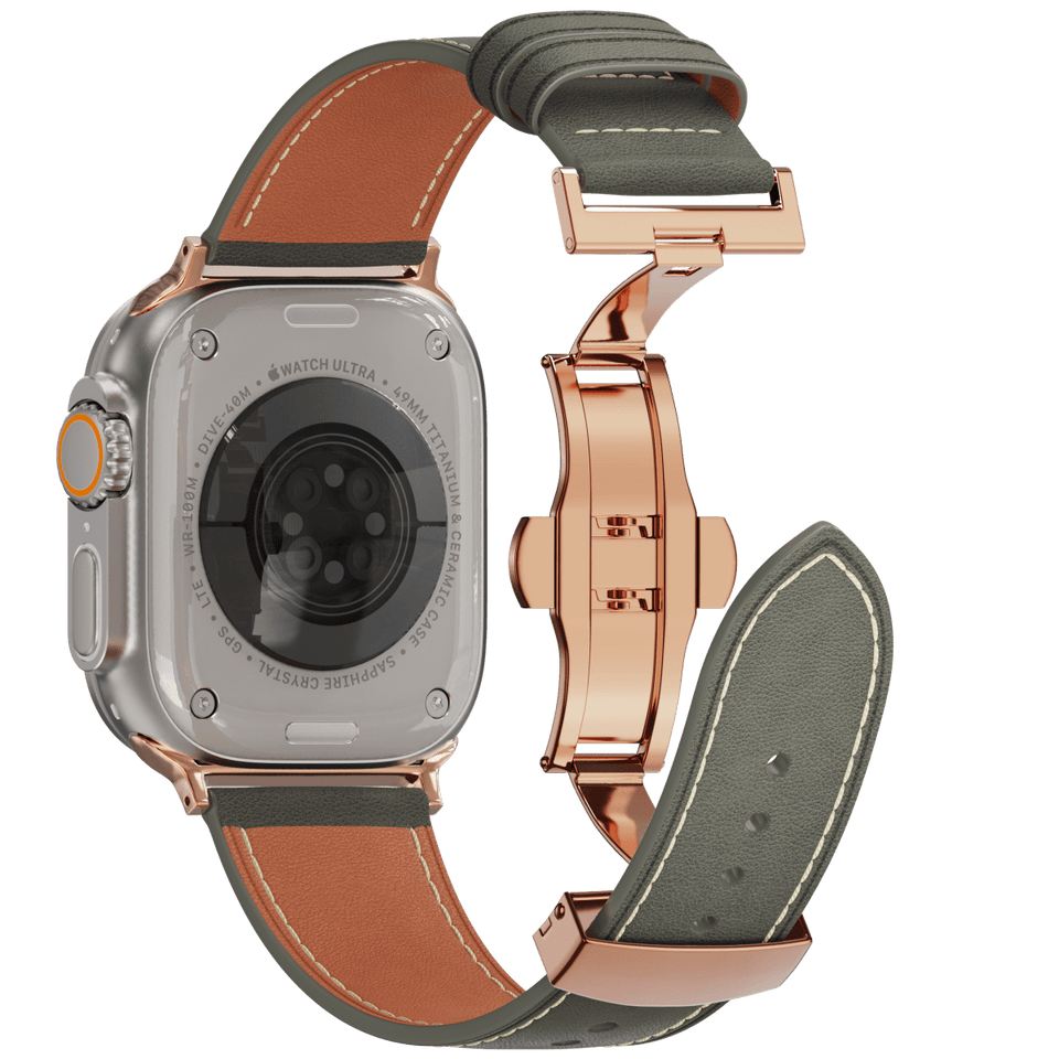 Genuine Leather Butterfly Clasp Band for Apple Watch,Rose Gold - Wear with style
