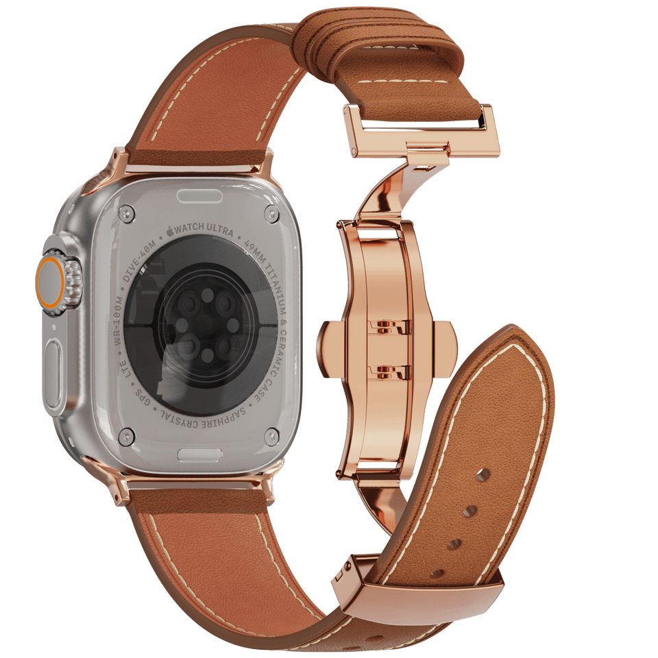 Genuine Leather Butterfly Clasp Band for Apple Watch,Rose Gold - Wear with style