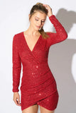 GLAM SEQUINS DEEP V-NECK LONG SLEEVES MINI DRESS - Wear with style