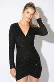 GLAM SEQUINS DEEP V-NECK LONG SLEEVES MINI DRESS - Wear with style