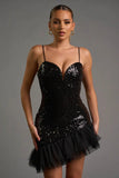 GLAM SEQUINS SHEER TULLE ASYMMETRIC HEM MINI DRESS - Wear with style