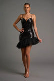 GLAM SEQUINS SHEER TULLE ASYMMETRIC HEM MINI DRESS - Wear with style