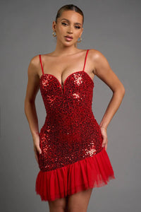 GLAM SEQUINS SHEER TULLE ASYMMETRIC HEM MINI DRESS - Wear with style