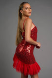 GLAM SEQUINS SHEER TULLE ASYMMETRIC HEM MINI DRESS - Wear with style