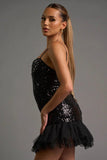 GLAM SEQUINS SHEER TULLE ASYMMETRIC HEM MINI DRESS - Wear with style