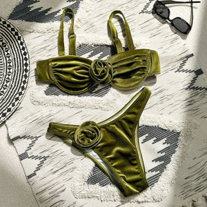 Green flower push up velvet two piece swimsuit - Wear with style