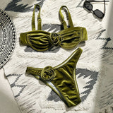 Green flower push up velvet two piece swimsuit - Wear with style