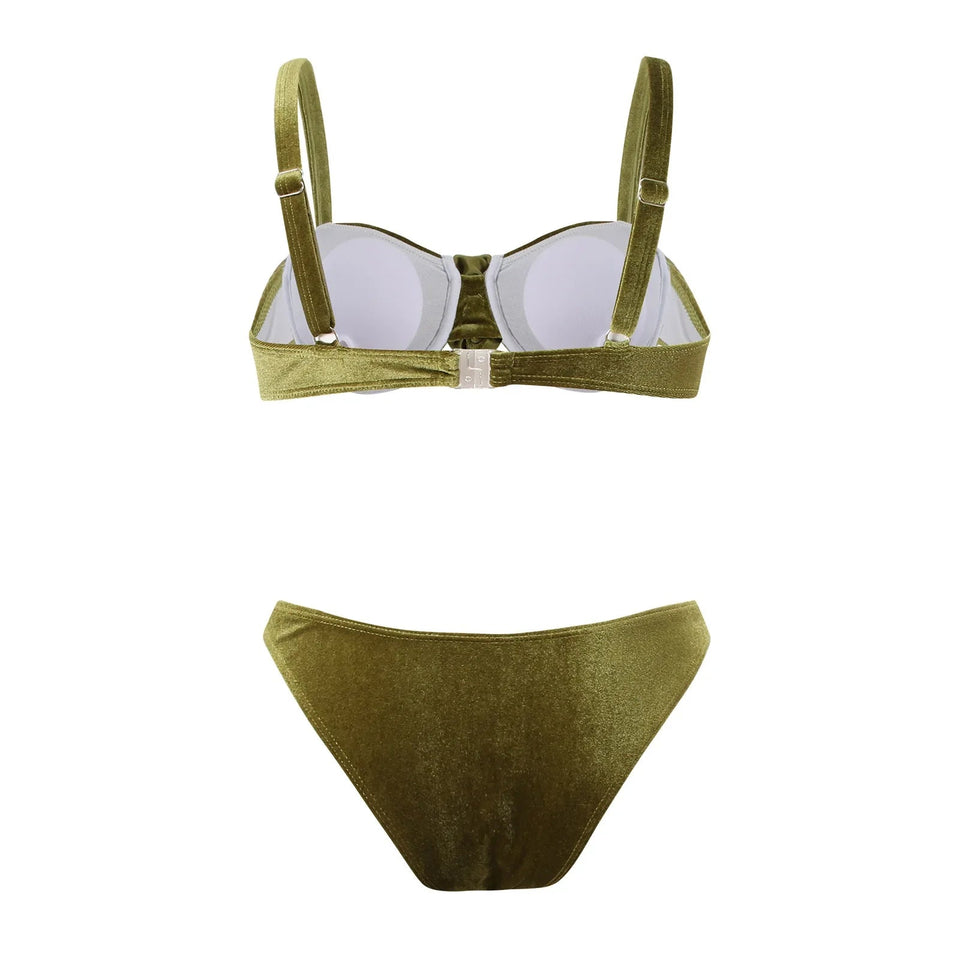 Green flower push up velvet two piece swimsuit - Wear with style