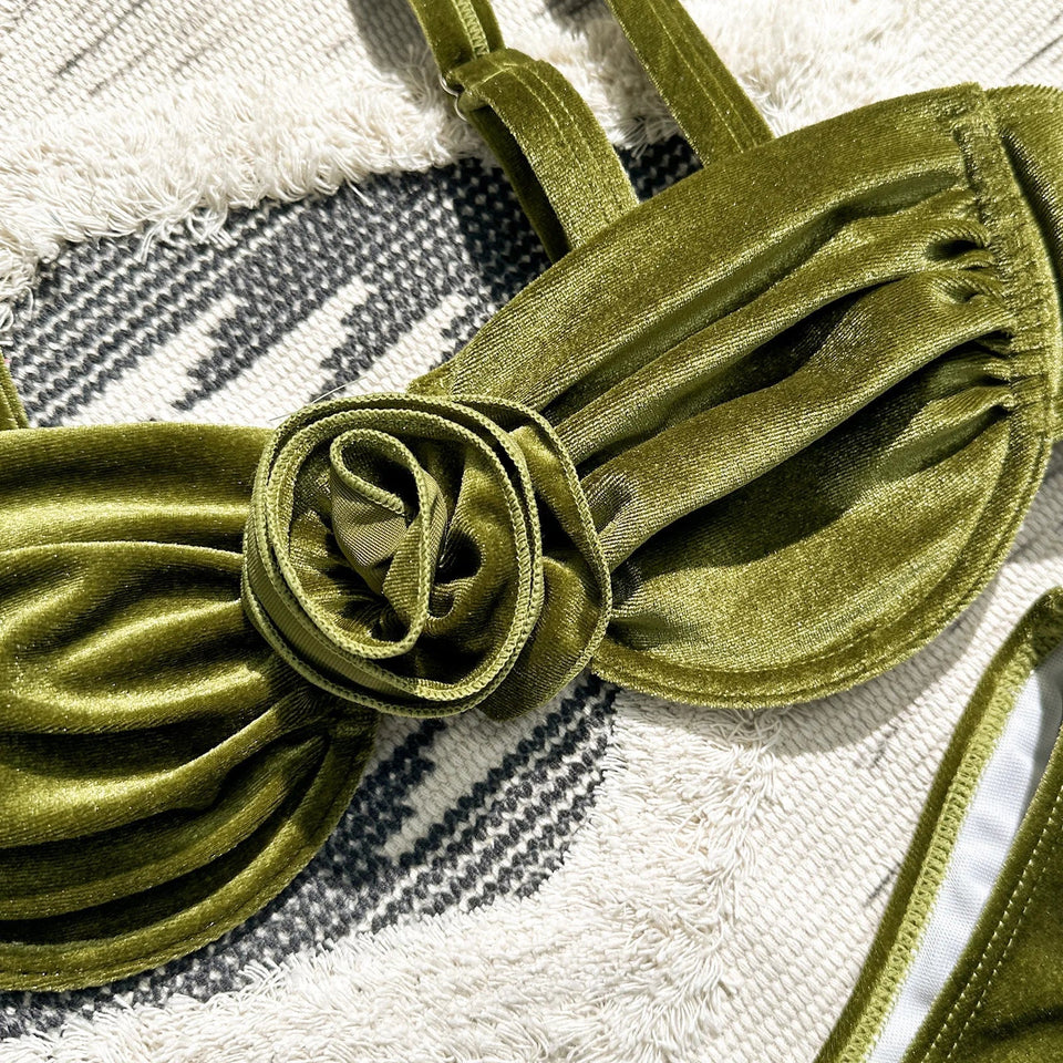 Green flower push up velvet two piece swimsuit - Wear with style