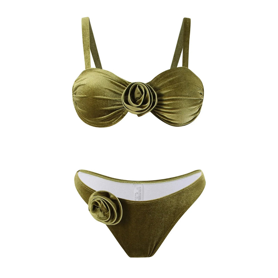 Green flower push up velvet two piece swimsuit - Wear with style
