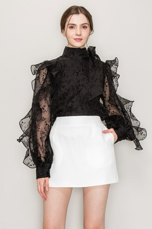 High Neck Long Sleeve Floral Print Frilled Blouse - Wear with style