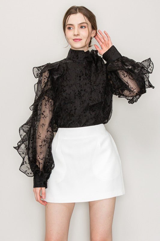 High Neck Long Sleeve Floral Print Frilled Blouse - Wear with style