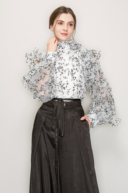High Neck Long Sleeve Floral Print Frilled Blouse - Wear with style