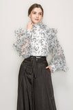 High Neck Long Sleeve Floral Print Frilled Blouse - Wear with style