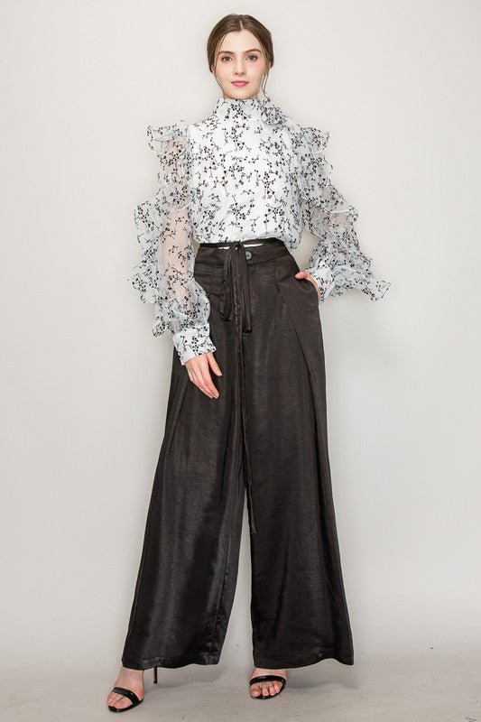 High Neck Long Sleeve Floral Print Frilled Blouse - Wear with style