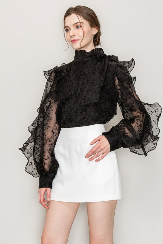 High Neck Long Sleeve Floral Print Frilled Blouse - Wear with style