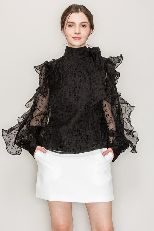High Neck Long Sleeve Floral Print Frilled Blouse - Wear with style