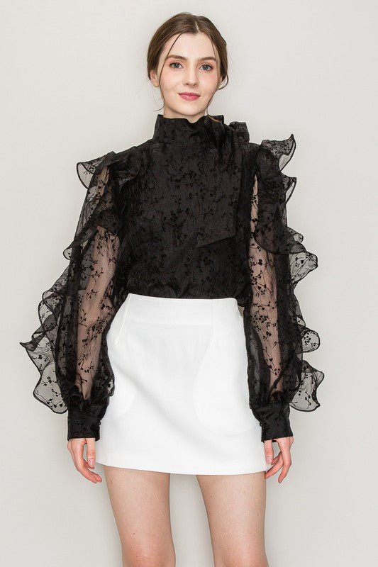 High Neck Long Sleeve Floral Print Frilled Blouse - Wear with style