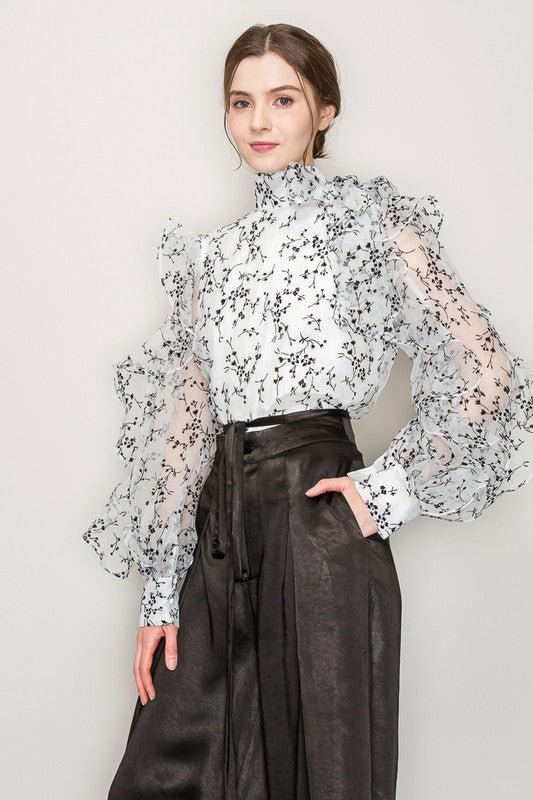 High Neck Long Sleeve Floral Print Frilled Blouse - Wear with style