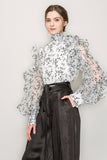 High Neck Long Sleeve Floral Print Frilled Blouse - Wear with style