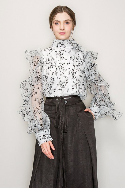 High Neck Long Sleeve Floral Print Frilled Blouse - Wear with style