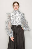High Neck Long Sleeve Floral Print Frilled Blouse - Wear with style