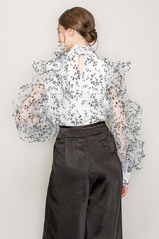 High Neck Long Sleeve Floral Print Frilled Blouse - Wear with style