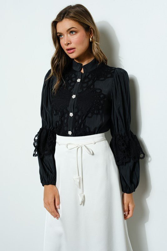 High Neck Long Sleeves Lace Blouse Top - Wear with style