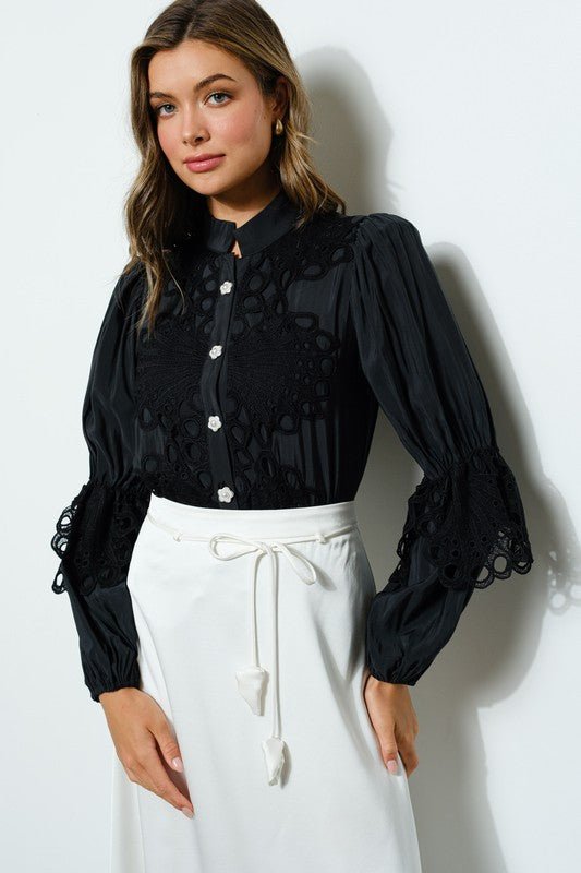 High Neck Long Sleeves Lace Blouse Top - Wear with style