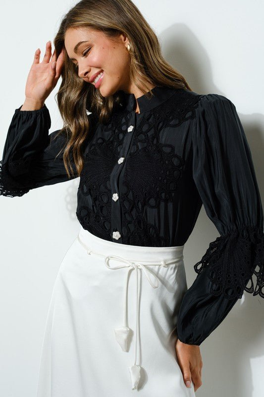 High Neck Long Sleeves Lace Blouse Top - Wear with style
