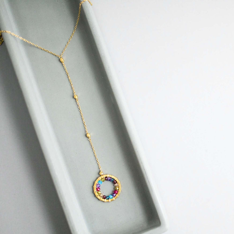 Black Spinel, Rainbow Gemstone and Pearl Halo Y Pendants