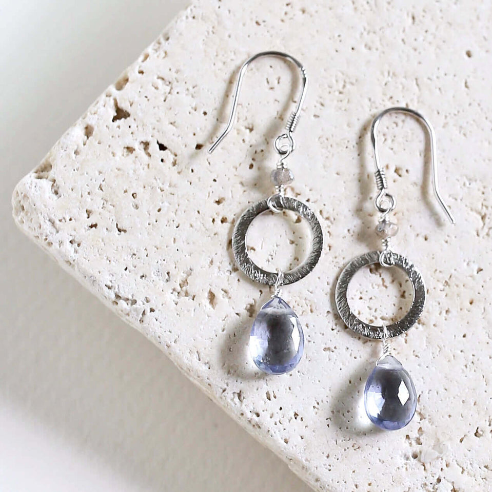 Tanzanite Quartz Gold Drop Earrings