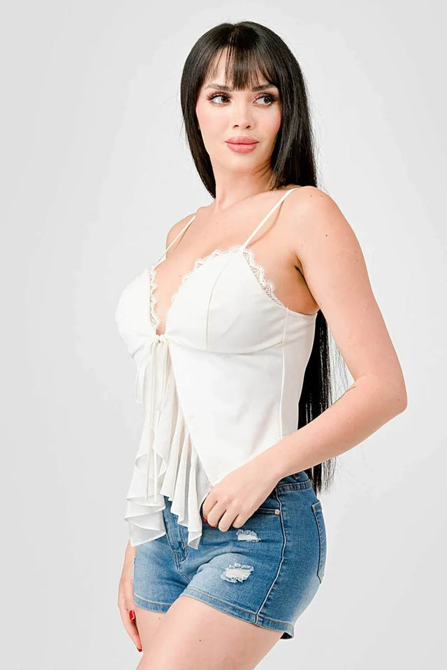 LACE TRIM SWEETHEART DRAWSTRING BOW TIE RUFFLED DRAPED CAMI TOP - Wear with style