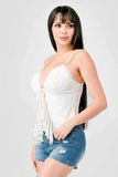 LACE TRIM SWEETHEART DRAWSTRING BOW TIE RUFFLED DRAPED CAMI TOP - Wear with style