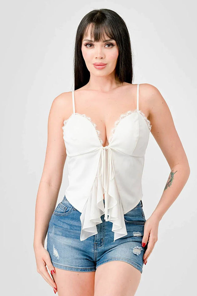 LACE TRIM SWEETHEART DRAWSTRING BOW TIE RUFFLED DRAPED CAMI TOP - Wear with style