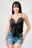 LACE TRIM SWEETHEART DRAWSTRING BOW TIE RUFFLED DRAPED CAMI TOP - Wear with style