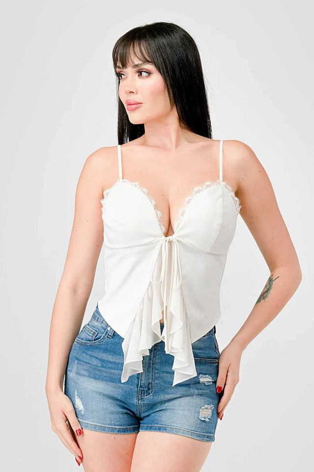 LACE TRIM SWEETHEART DRAWSTRING BOW TIE RUFFLED DRAPED CAMI TOP - Wear with style
