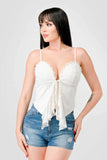 LACE TRIM SWEETHEART DRAWSTRING BOW TIE RUFFLED DRAPED CAMI TOP - Wear with style
