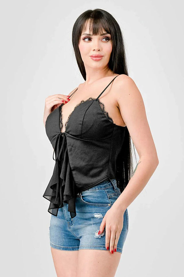 LACE TRIM SWEETHEART DRAWSTRING BOW TIE RUFFLED DRAPED CAMI TOP - Wear with style
