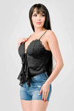 LACE TRIM SWEETHEART DRAWSTRING BOW TIE RUFFLED DRAPED CAMI TOP - Wear with style