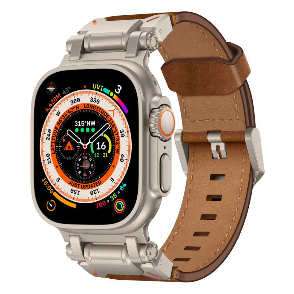 Leather Tactical Band for Apple Watch Ultra – 26mm Wide, Mecha - Style Connectors, Adventure - Ready - Wear with style