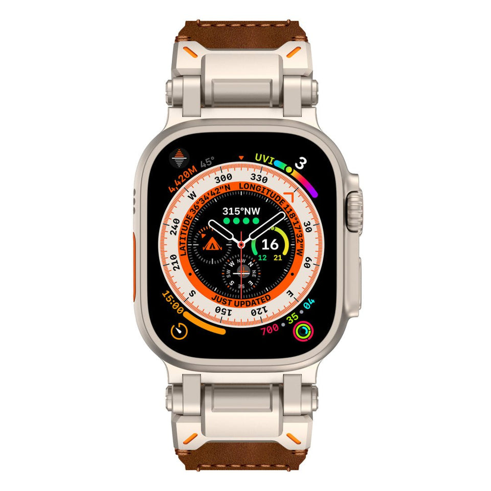 Leather Tactical Band for Apple Watch Ultra – 26mm Wide, Mecha - Style Connectors, Adventure - Ready - Wear with style