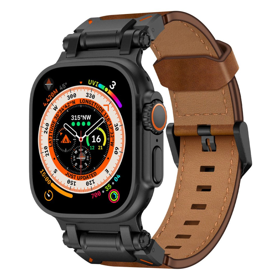 Leather Tactical Band for Apple Watch Ultra – 26mm Wide, Mecha - Style Connectors, Adventure - Ready - Wear with style