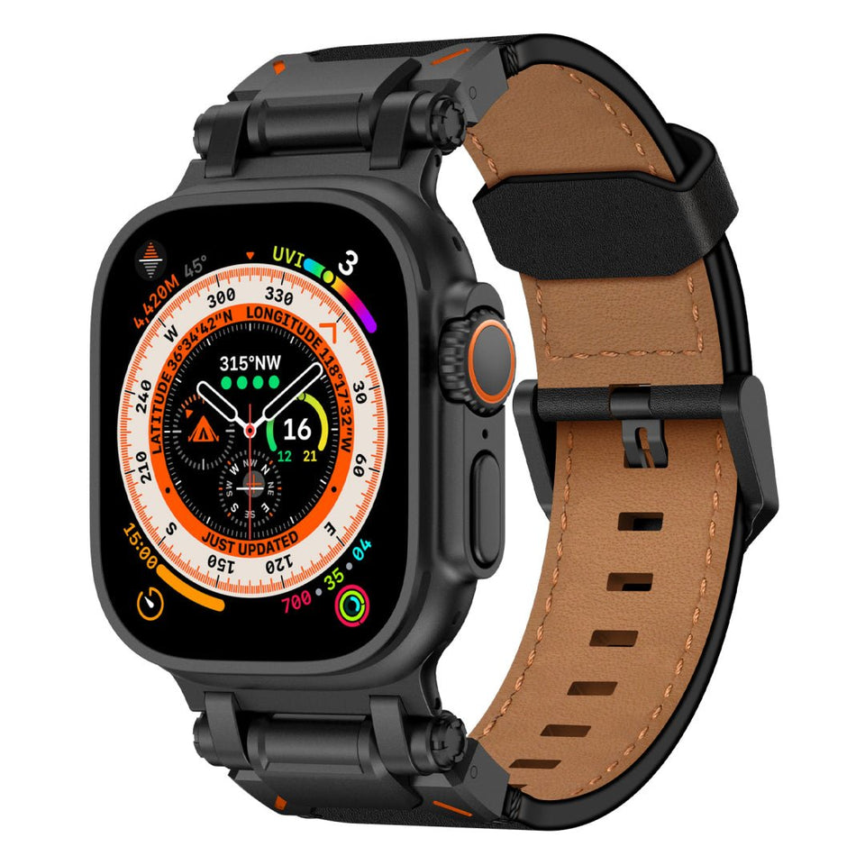 Leather Tactical Band for Apple Watch Ultra – 26mm Wide, Mecha - Style Connectors, Adventure - Ready - Wear with style