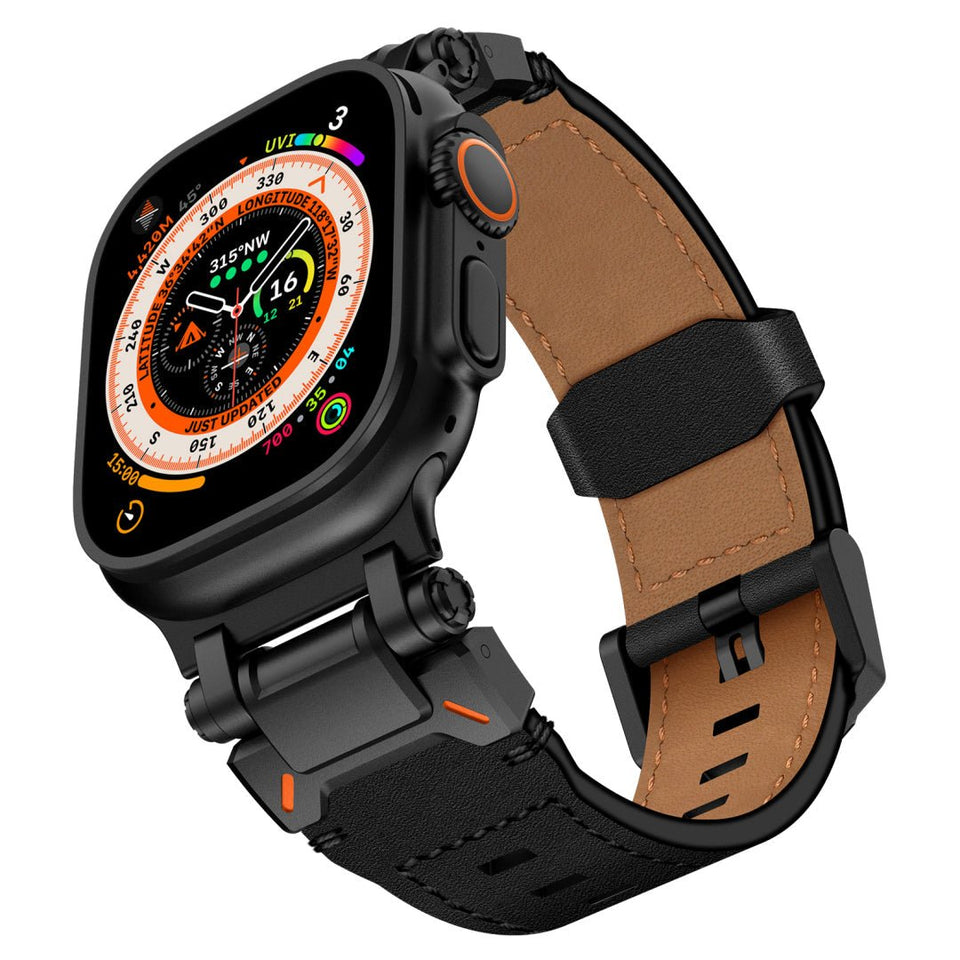 Leather Tactical Band for Apple Watch Ultra – 26mm Wide, Mecha - Style Connectors, Adventure - Ready - Wear with style