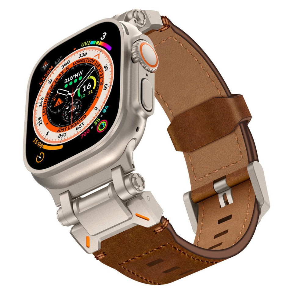 Leather Tactical Band for Apple Watch Ultra – 26mm Wide, Mecha - Style Connectors, Adventure - Ready - Wear with style